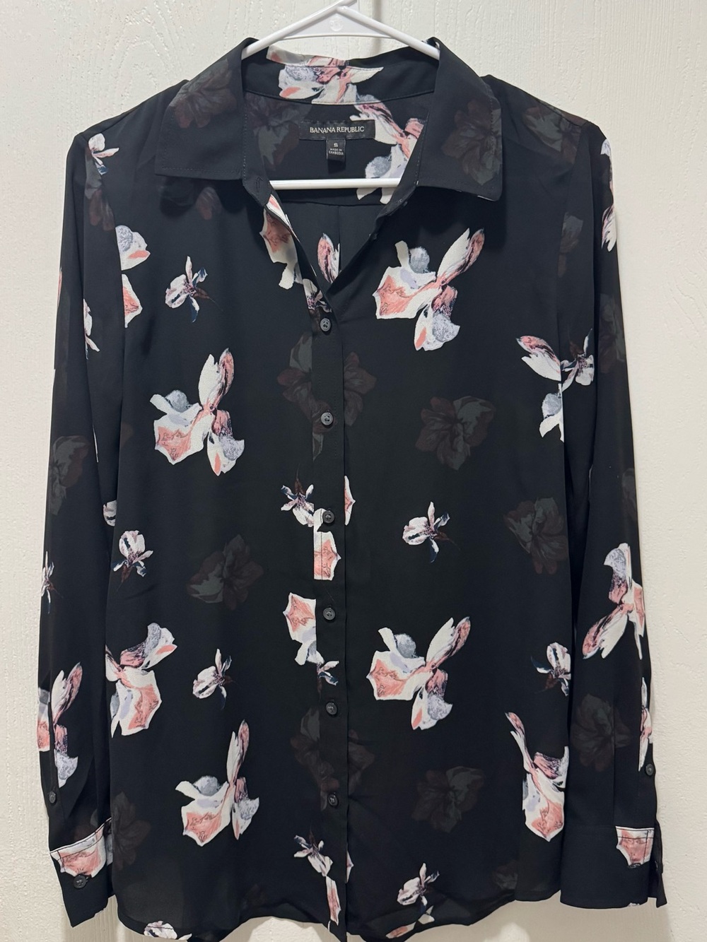 Banana Republic Black Blouse with Pink & White Floral Accents